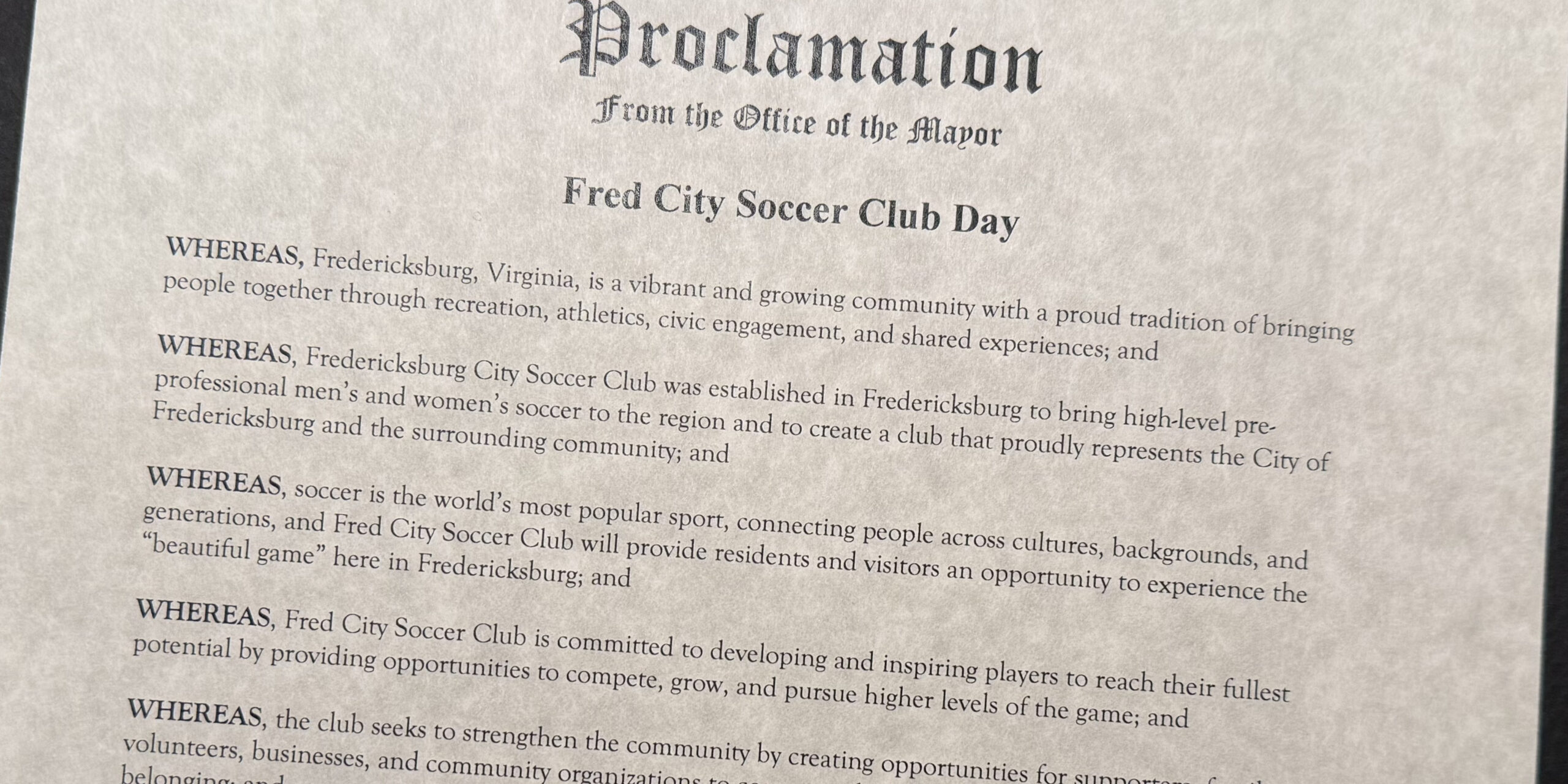 City of Fredericksburg Proclaims September 23 “Fred City Soccer Club Day”